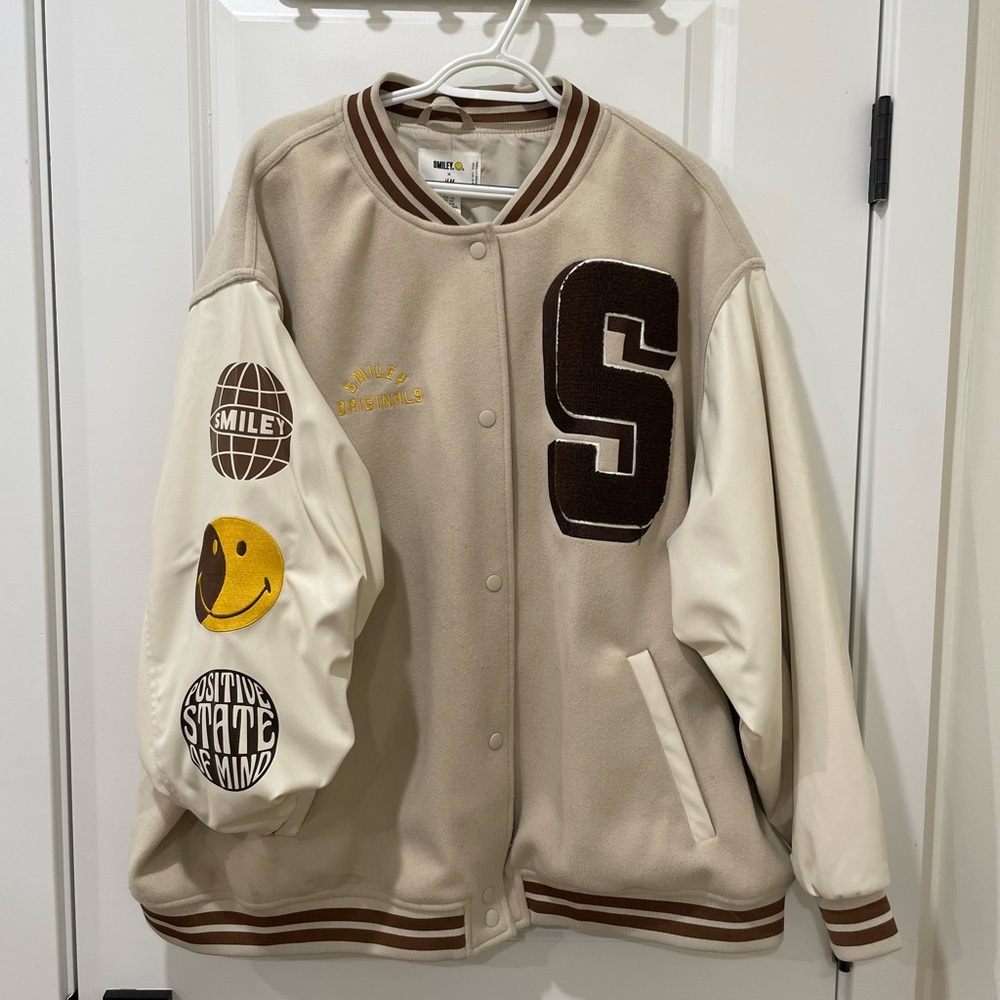 h&m x smiley plus-size varsity jacket